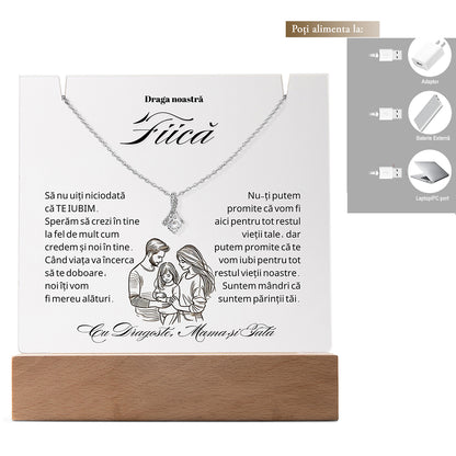Set Cadou Pentru Fiica, Colier din Argint925 Sau Placat Cu Aur 14K si Lampa Decorativa, Acril Gravat cu text `Draga noastra Fiica`, 15x15cm, Lumina Calda