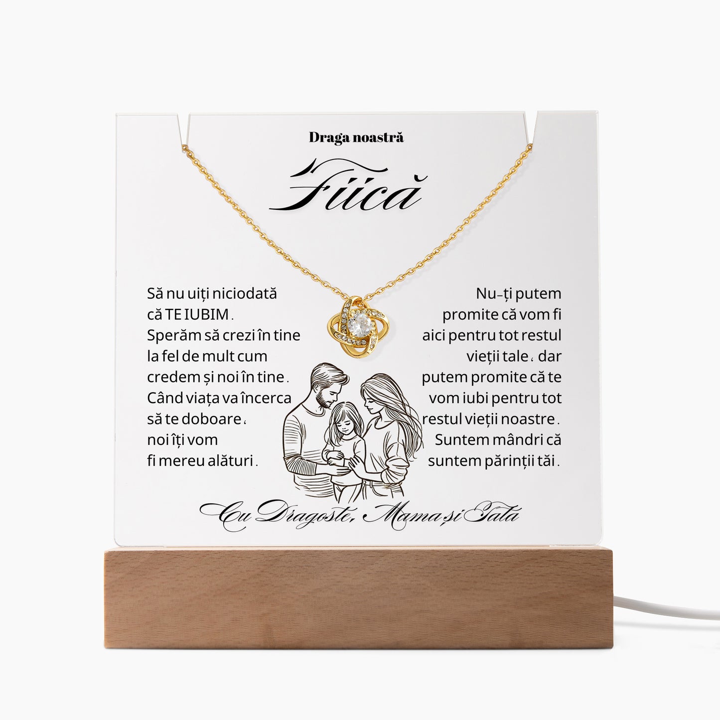 Set Cadou Pentru Fiica, Colier din Argint925 Sau Placat Cu Aur 14K si Lampa Decorativa, Acril Gravat cu text `Draga noastra Fiica`, 15x15cm, Lumina Calda