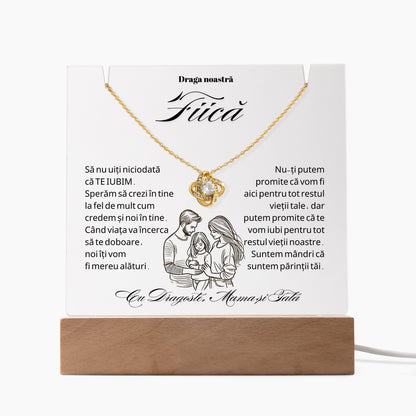 Set Cadou Pentru Fiica, Colier din Argint925 Sau Placat Cu Aur 14K si Lampa Decorativa, Acril Gravat cu text `Draga noastra Fiica`, 15x15cm, Lumina Calda