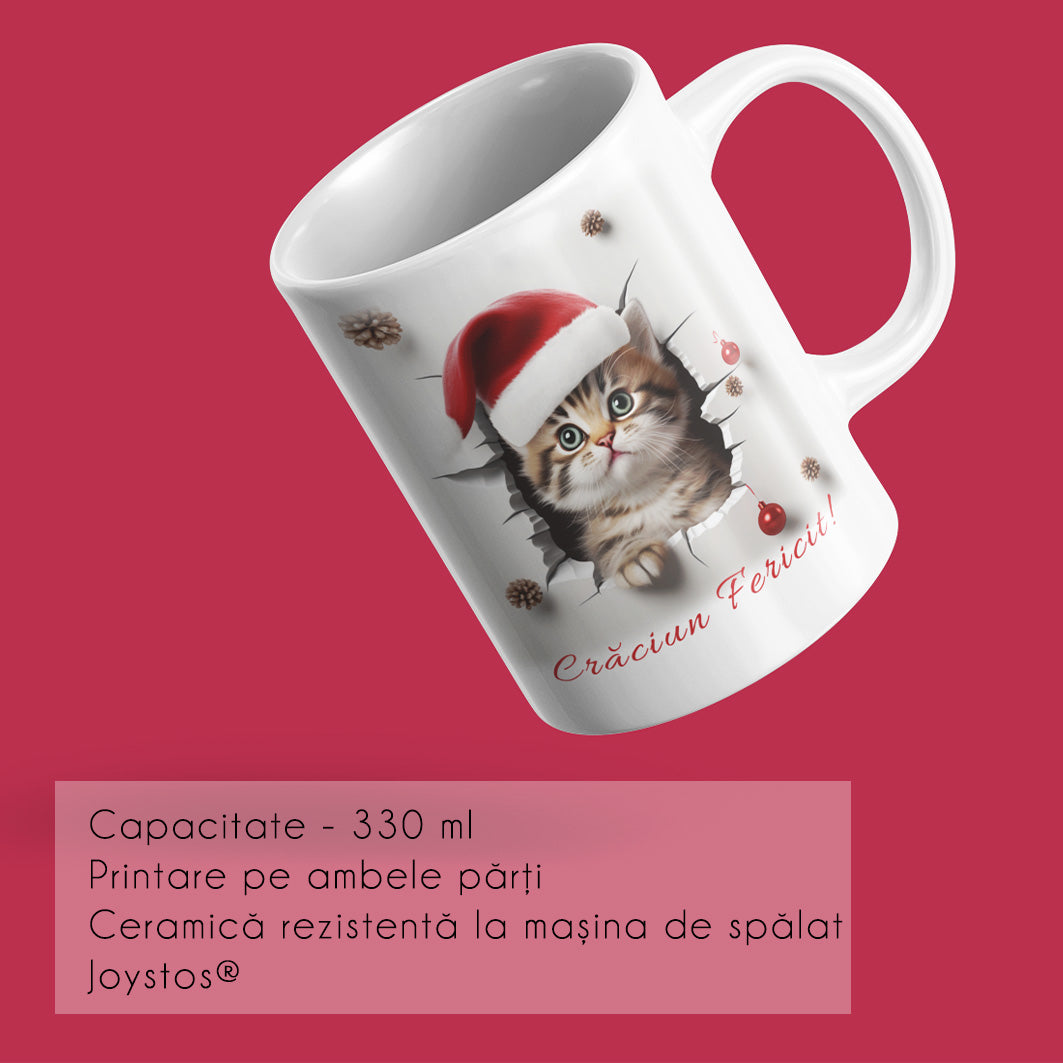 Cadou De Craciun: Cana Personalizata Personalizata cu Pisica, Efect 3D si mesajul ”Craciun Fericit”