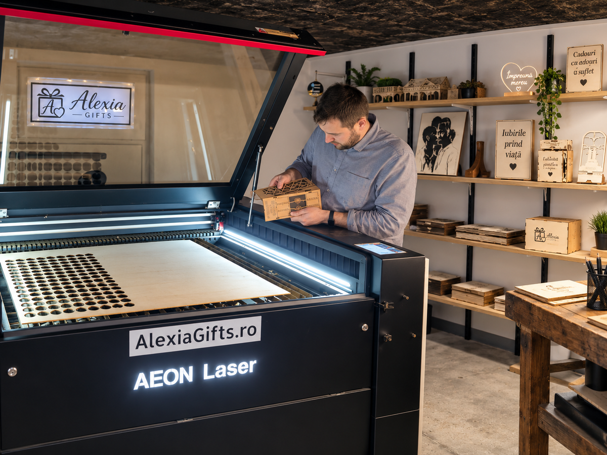 În atelierul AlexiaGifts, Viorel pregătește o cutie din lemn lângă utilajul de gravare laser