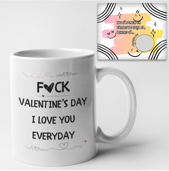 Cadou Pentru Cuplu, Set Anti Valentine's Day, Cana Alba 330 ml, Cu Mesaj Pentru Iubit/Iubita, Si Card Foto Razuibil Cadou