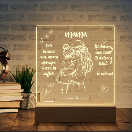 Set Cadou Pentru Mama. Joystos, Lampa Acril cu Mesaj „Esti lumina mea, mereu aproape, mereu in suflet. Te Iubesc”