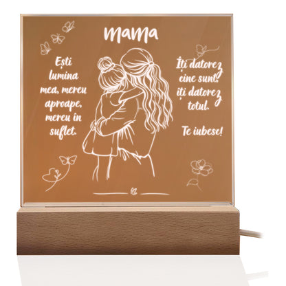 Set Cadou Pentru Mama. Joystos, Lampa Acril cu Mesaj „Esti lumina mea, mereu aproape, mereu in suflet. Te Iubesc”