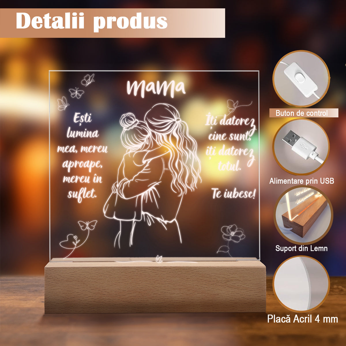 Set Cadou Pentru Mama. Joystos, Lampa Acril cu Mesaj „Esti lumina mea, mereu aproape, mereu in suflet. Te Iubesc”