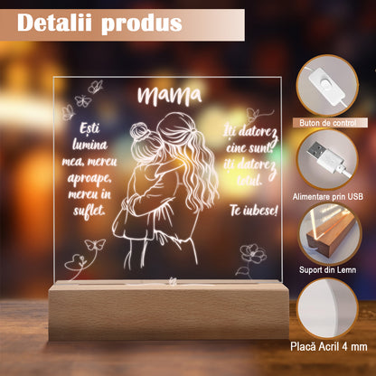 Set Cadou Pentru Mama. Joystos, Lampa Acril cu Mesaj „Esti lumina mea, mereu aproape, mereu in suflet. Te Iubesc”