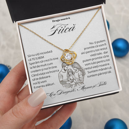 Cadou Pentru Fiica, Colier din Argint925 cu Pandant Nodul Iubirii Placat Cu Aur 14K si Card Cu Mesajul `Draga noastra fiica, sa nu uiti niciodata ca te iubim`