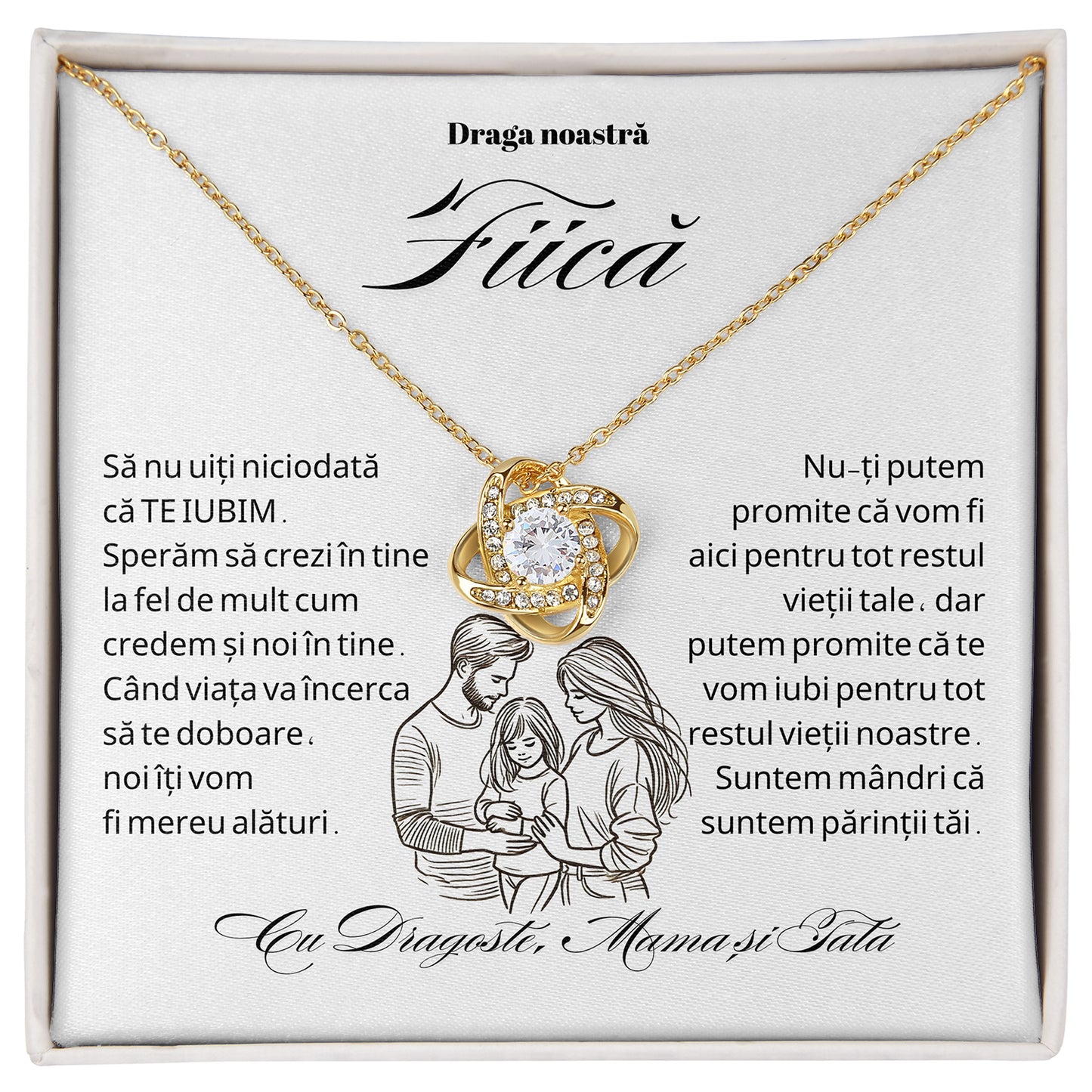 Cadou Pentru Fiica, Colier din Argint925 cu Pandant Nodul Iubirii Placat Cu Aur 14K si Card Cu Mesajul `Draga noastra fiica, sa nu uiti niciodata ca te iubim`