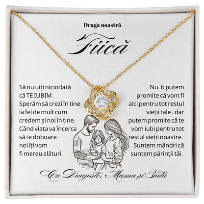 Cadou Pentru Fiica, Colier din Argint925 cu Pandant Nodul Iubirii Placat Cu Aur 14K si Card Cu Mesajul `Draga noastra fiica, sa nu uiti niciodata ca te iubim`