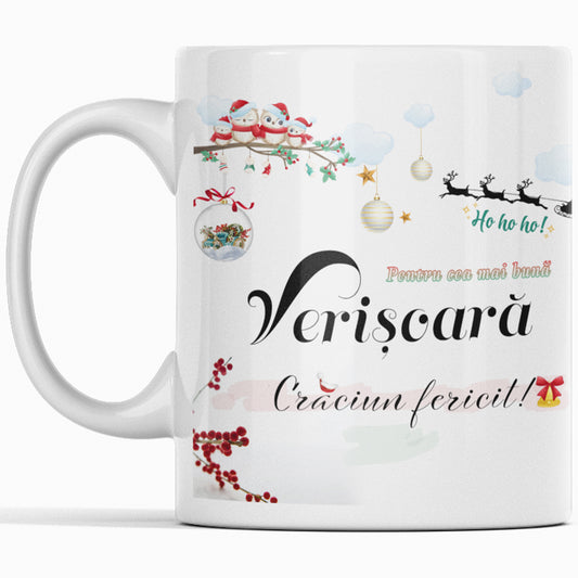 Cana JOYSTOS de Craciun pentru Verisoara – Model „Pentru cea mai buna verisoara, Craciun fericit!” – Cadou Festiv, Ceramica Alba 330ml