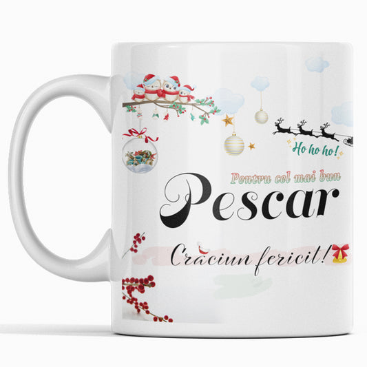 JOYSTOS, Cana Ceramica, Alba, 330 ml, Cu Mesaj de Craciun ”Cel mai bun pescar- Craciun Fericit”