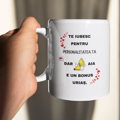 Cadou Pentru Cuplu, Cana Alba 330 ml, Cu Mesaj Pentru Iubit/Iubita "Te Iubesc Pentru Personalitatea Ta" Si Card Foto Razuibil Cadou