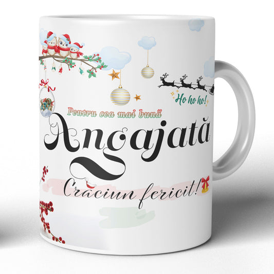 Cana Crăciun, Joystos, 330ml, ceramică albă, mesaj „Pentru cea mai bună angajată - Crăciun fericit!”