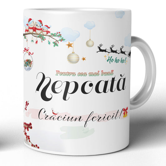 Cana de Crăciun pentru Nepoată, Joystos, Ceramica Albă, 330ml, mesaj personalizat