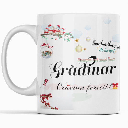 Cana pentru gradinar, Joystos, Craciun fericit, ceramica alba, 330ml