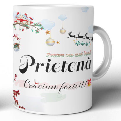 Cana JOYSTOS de Crăciun, ceramica albă, 330ml, mesaj „Pentru cea mai bună iubita, mama, tata etc - Crăciun fericit!”