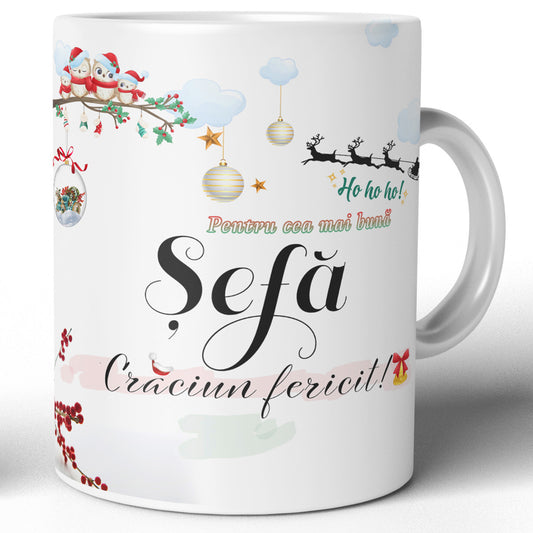 Cana JOYSTOS de Crăciun, ceramica albă, 330ml, mesaj „Pentru cea mai bună șefă - Crăciun fericit!”