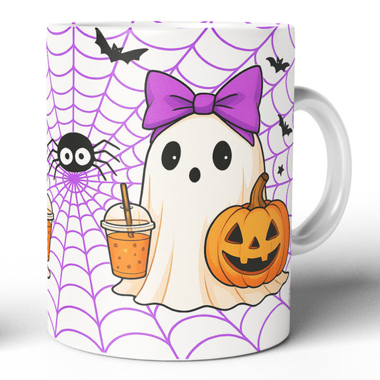 Cana Ceramica Halloween 330ml Joystos – Fantoma Cu Fundita Mov si Dovleac, Design Cute de Toamna