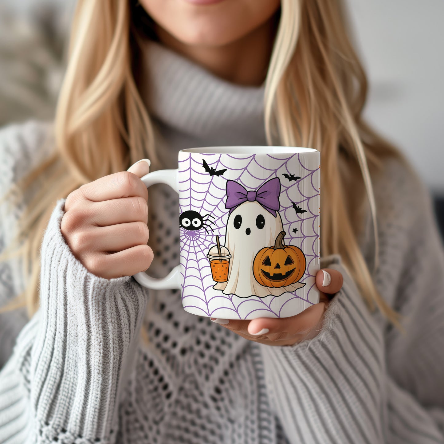 Cana Ceramica Halloween 330ml Joystos – Fantoma Cu Fundita Mov si Dovleac, Design Cute de Toamna