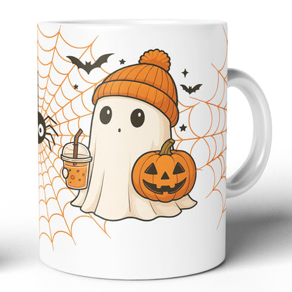 Cana Ceramica Alba Halloween 330ml Joystos – Fantoma Dragalasa cu Dovleac si Bautura, Design de Toamna