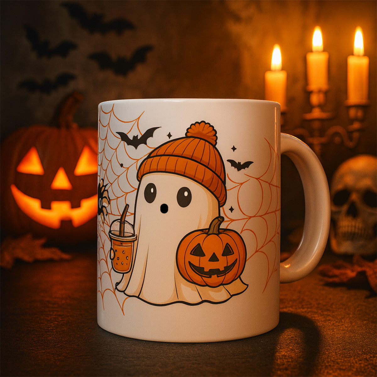 Cana Ceramica Alba Halloween 330ml Joystos – Fantoma Dragalasa cu Dovleac si Bautura, Design de Toamna