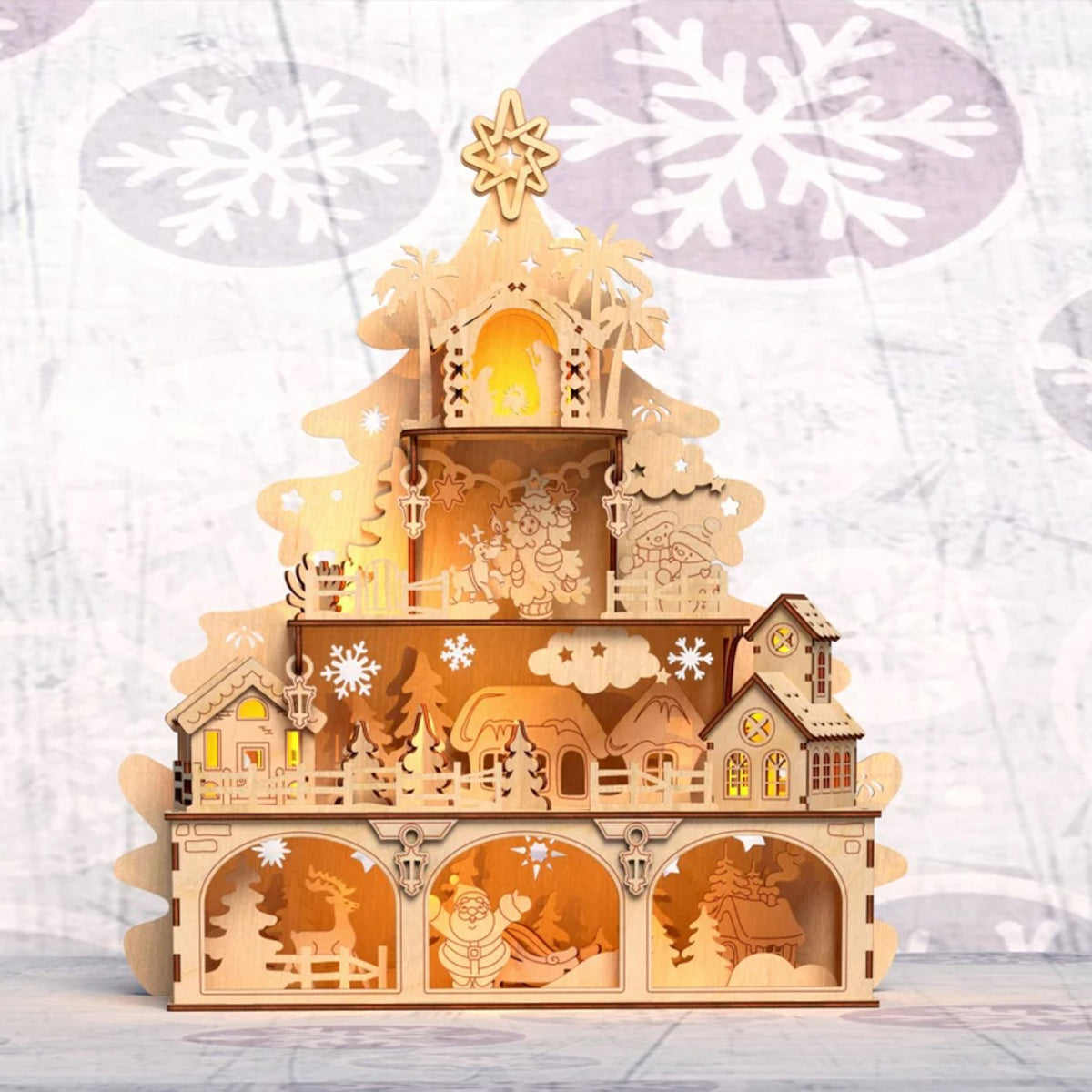 Decor Craciun 3D - Scena de Poveste cu Brad, Mos Craciun, Reni, Casute, Perfect pentru Cadou, Neasamblata