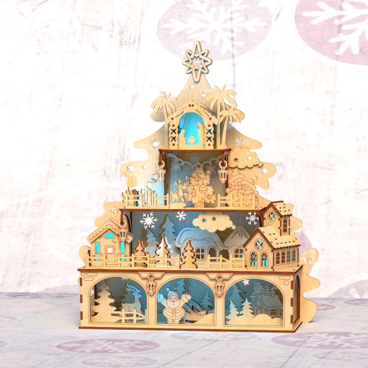 Decor Craciun 3D - Scena de Poveste cu Brad, Mos Craciun, Reni, Casute, Perfect pentru Cadou, Neasamblata