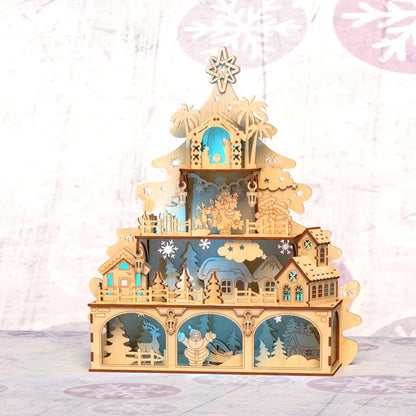 Decor Craciun 3D - Scena de Poveste cu Brad, Mos Craciun, Reni, Casute, Perfect pentru Cadou, Neasamblata