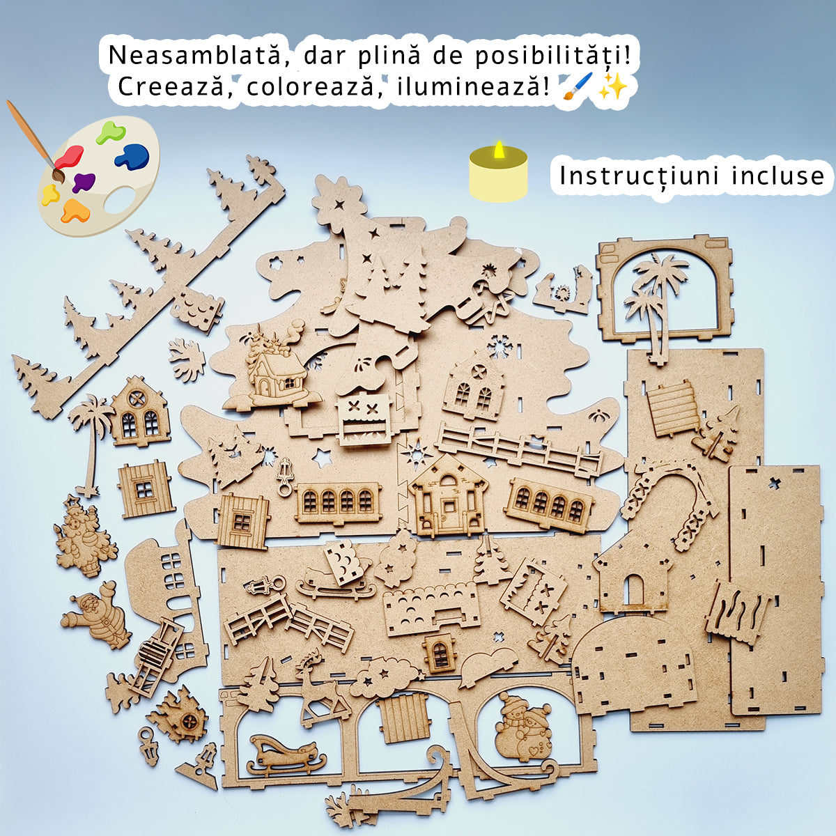 Decor Craciun 3D - Scena de Poveste cu Brad, Mos Craciun, Reni, Casute, Perfect pentru Cadou, Neasamblata