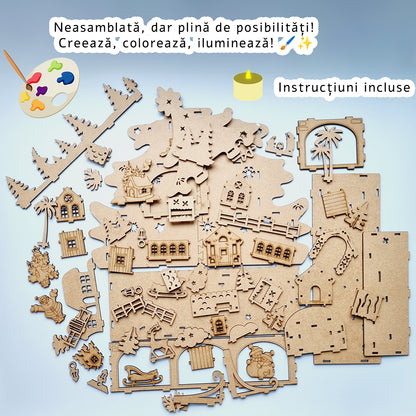 Decor Craciun 3D - Scena de Poveste cu Brad, Mos Craciun, Reni, Casute, Perfect pentru Cadou, Neasamblata