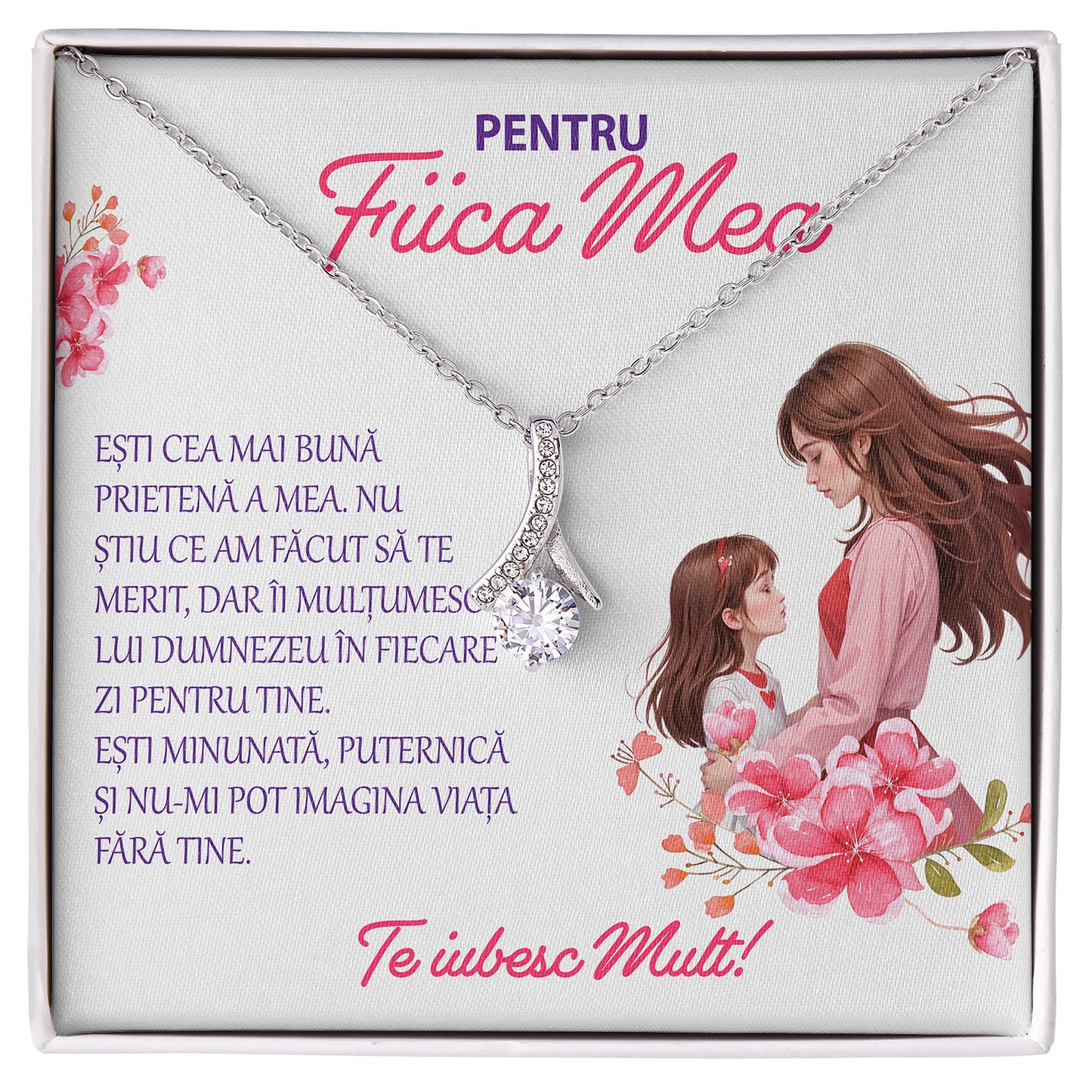 Set Cadou Pentru Fiica De la Mama,  Colier din Argint 925 si Pandant Placat cu Alb 14K, Si Card Cu Mesaj in Cutie `Pentru fiica Mea`