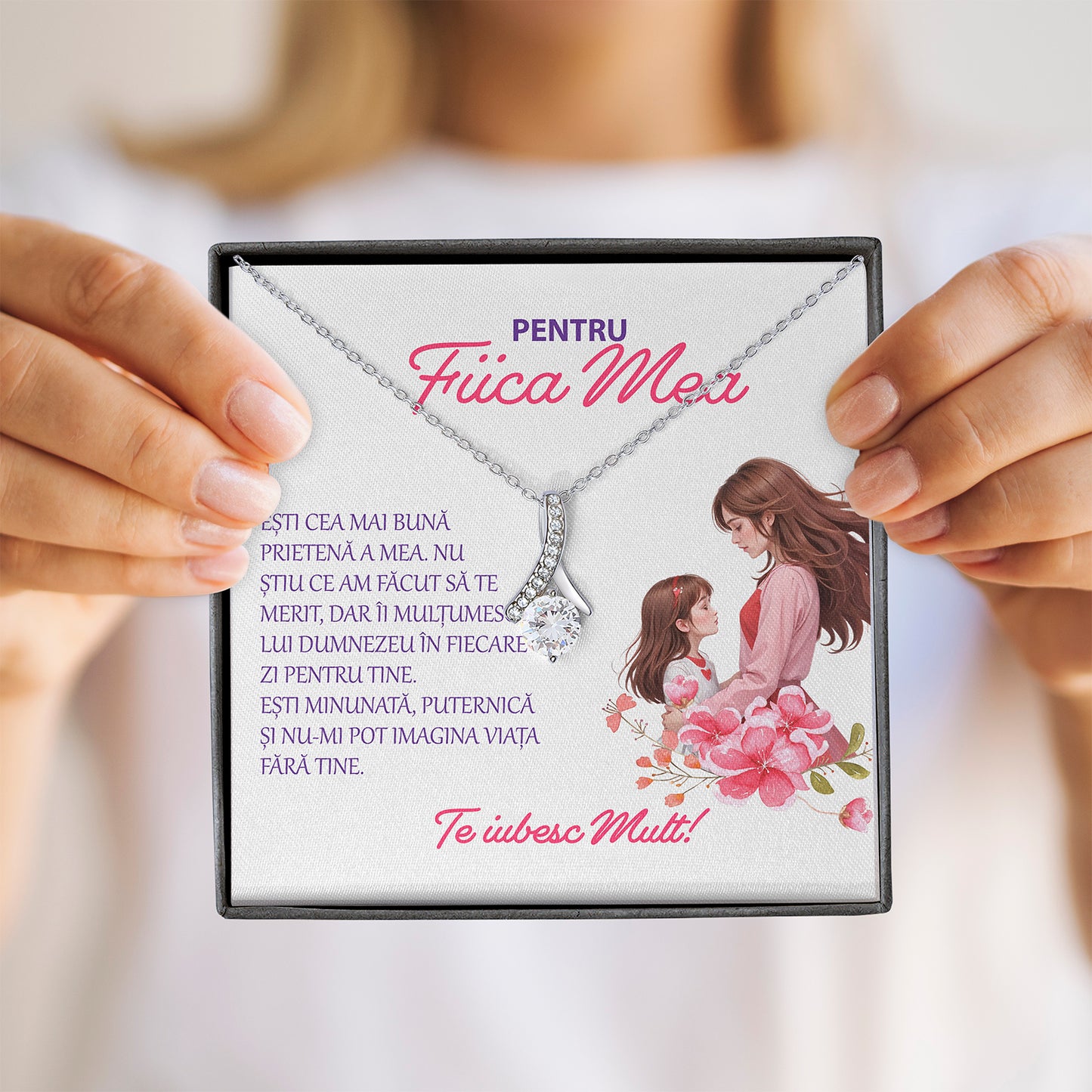 Set Cadou Pentru Fiica De la Mama,  Colier din Argint 925 si Pandant Placat cu Alb 14K, Si Card Cu Mesaj in Cutie `Pentru fiica Mea`