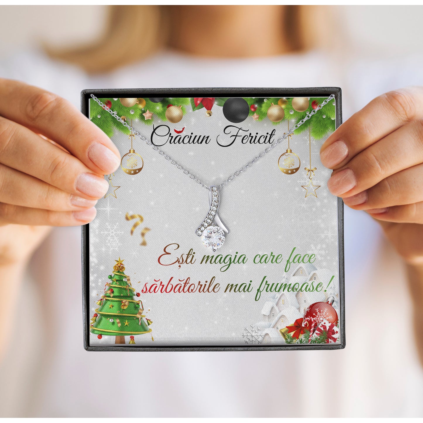 Colier Elegant JOYSTOS din Argint 925 sau Placat cu Aur Alb 18K, 3.1g, Lant Reglabil 40-45cm – Cadou Craciun pentru Mama, Sotie, Iubita, Fiica, Sora sau Nasa – „Esti magia care face sarbatorile mai frumoase”