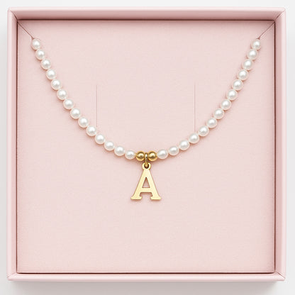 Colier cu Perle Naturale, Joystos, Litera A, Argint 925 Placat cu Aur 18K, Lungime 38+5cm, Cadou Elegant pentru Femei