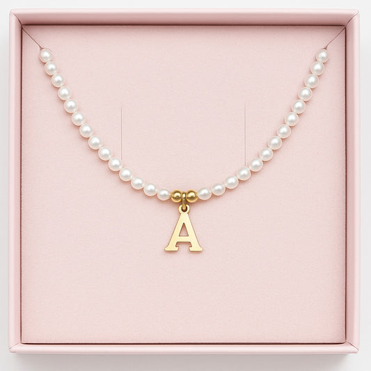 Colier cu Perle Naturale, Joystos, Litera A, Argint 925 Placat cu Aur 18K, Lungime 38+5cm, Cadou Elegant pentru Femei