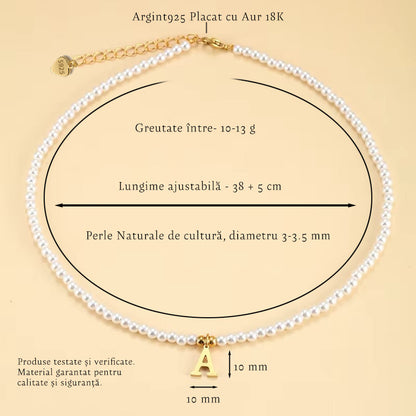 Colier cu Perle Naturale, Joystos, Litera A, Argint 925 Placat cu Aur 18K, Lungime 38+5cm, Cadou Elegant pentru Femei