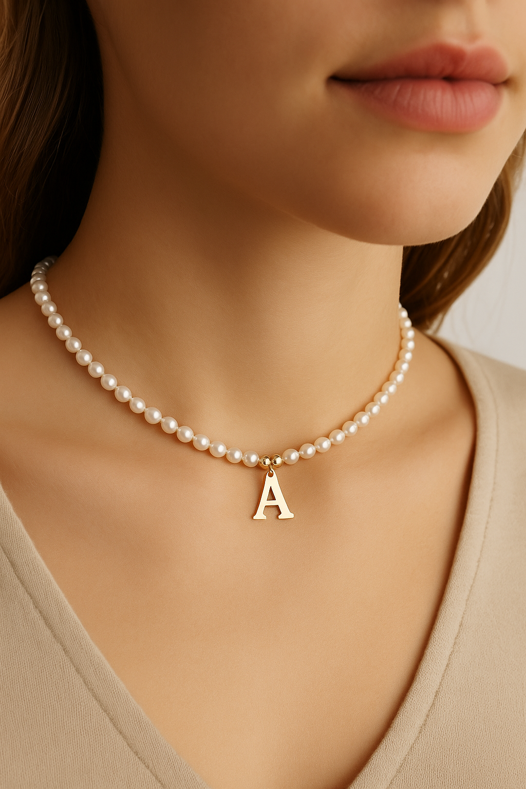 Colier cu Perle Naturale, Joystos, Litera A, Argint 925 Placat cu Aur 18K, Lungime 38+5cm, Cadou Elegant pentru Femei