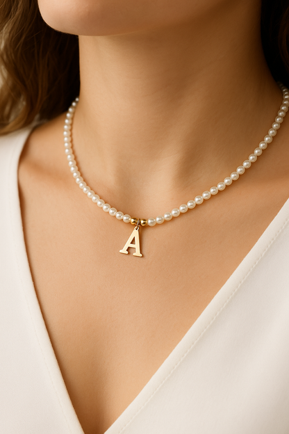 Colier cu Perle Naturale, Joystos, Litera A, Argint 925 Placat cu Aur 18K, Lungime 38+5cm, Cadou Elegant pentru Femei