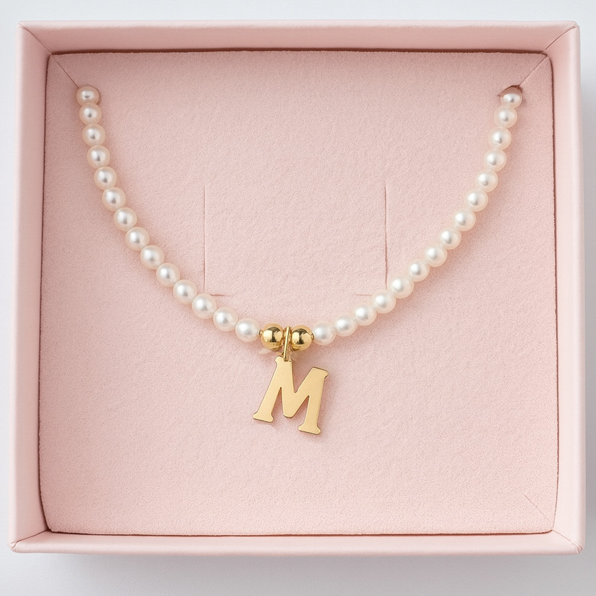 Colier cu Perle Naturale, Joystos, Litera M, Argint 925 Placat cu Aur 18K, Lungime 38+5cm, Cadou Elegant pentru Femei