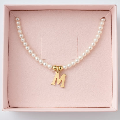 Colier cu Perle Naturale, Joystos, Litera M, Argint 925 Placat cu Aur 18K, Lungime 38+5cm, Cadou Elegant pentru Femei