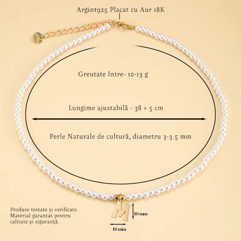 Colier cu Perle Naturale, Joystos, Litera M, Argint 925 Placat cu Aur 18K, Lungime 38+5cm, Cadou Elegant pentru Femei