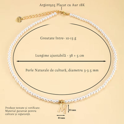 Colier cu Perle Naturale, Joystos, Litera M, Argint 925 Placat cu Aur 18K, Lungime 38+5cm, Cadou Elegant pentru Femei
