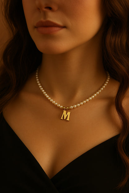 Colier cu Perle Naturale, Joystos, Litera M, Argint 925 Placat cu Aur 18K, Lungime 38+5cm, Cadou Elegant pentru Femei