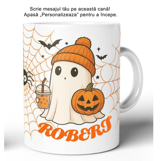 Cana Ceramica Alba Halloween 330ml Joystos – Fantoma Dragalasa cu Dovleac si Bautura, Design de Toamna