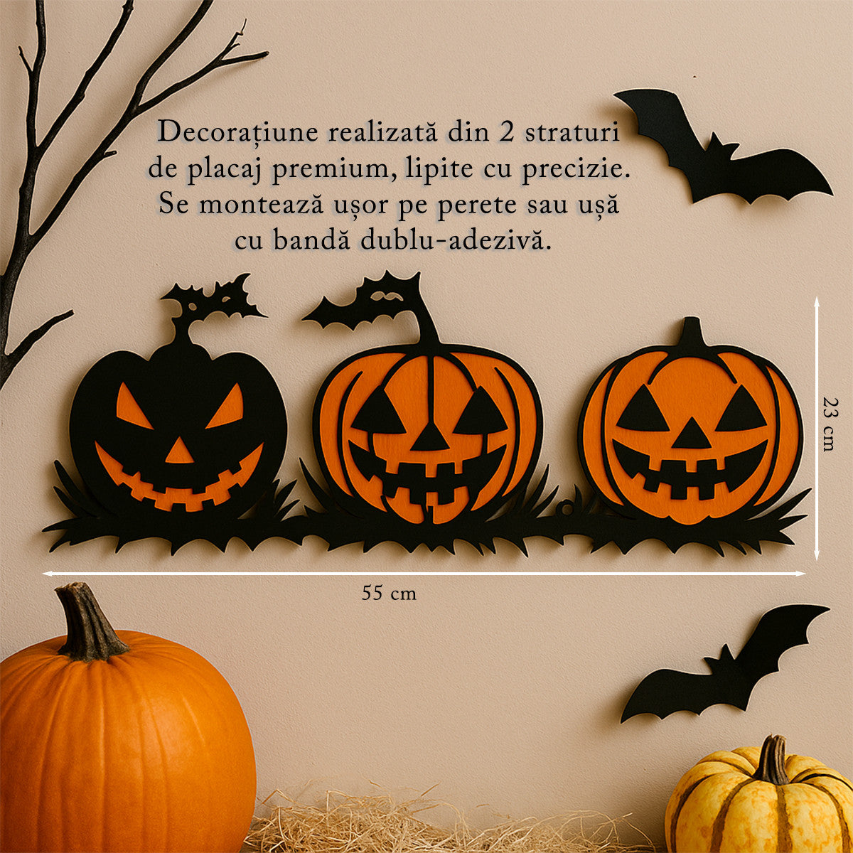 Decor Halloween Joystos Dovleci Veseli Din Lemn 55 cm – 2 Straturi Placaj Premium Negru-Portocaliu, Perfect Pentru Usa Sau Perete, Accesoriu Tematic De Sezon