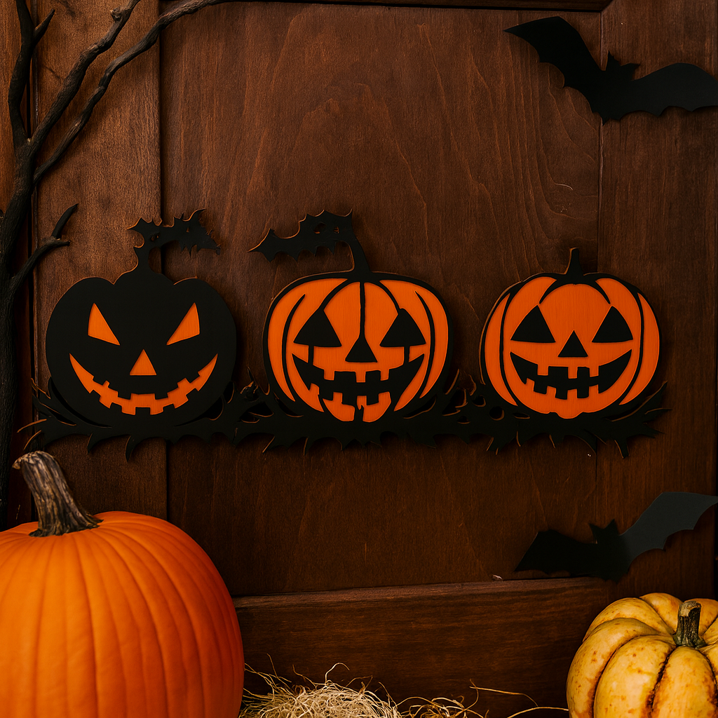 Decor Halloween Joystos Dovleci Veseli Din Lemn 55 cm – 2 Straturi Placaj Premium Negru-Portocaliu, Perfect Pentru Usa Sau Perete, Accesoriu Tematic De Sezon