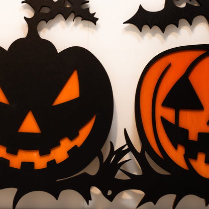 Decor Halloween Joystos Dovleci Veseli Din Lemn 55 cm – 2 Straturi Placaj Premium Negru-Portocaliu, Perfect Pentru Usa Sau Perete, Accesoriu Tematic De Sezon