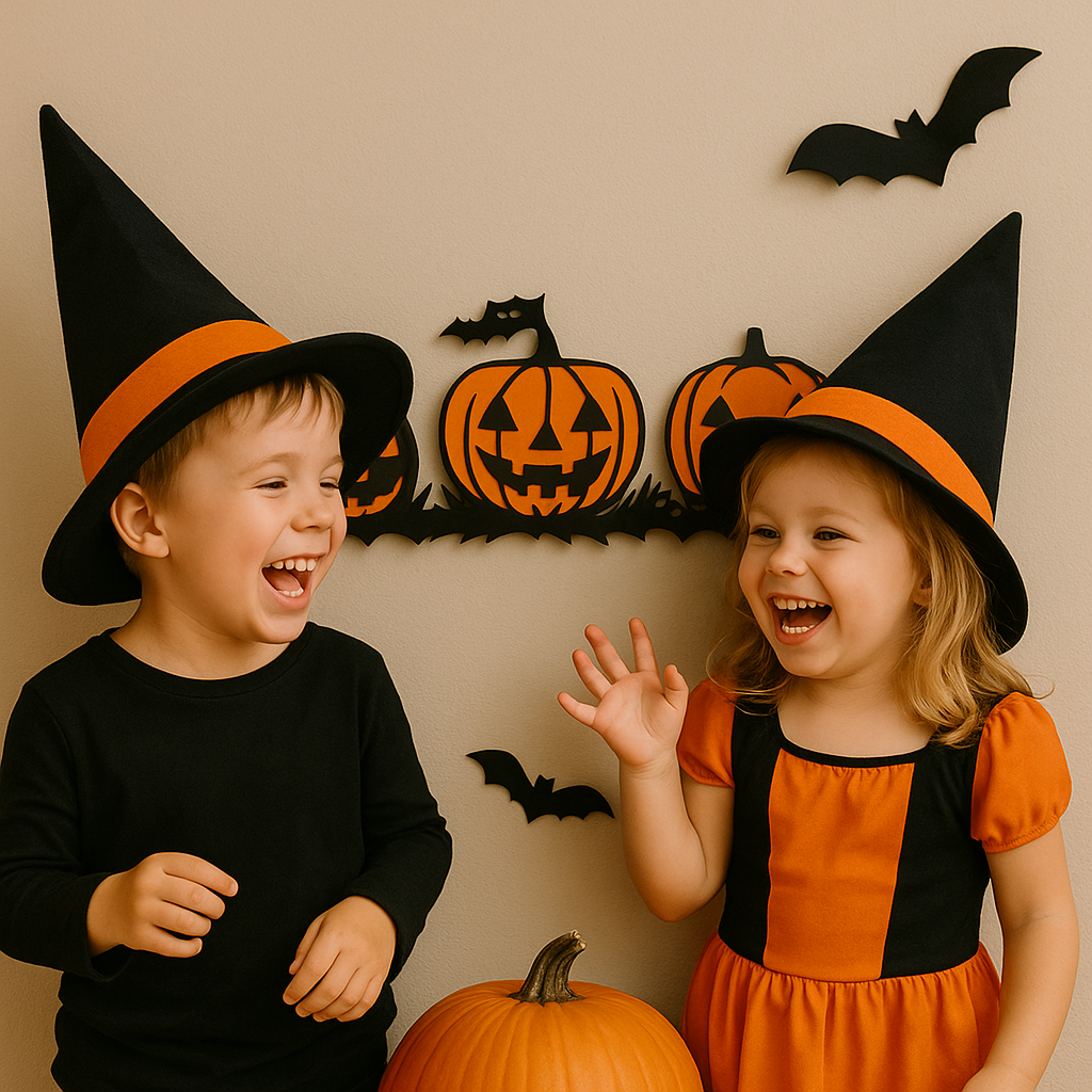Decor Halloween Joystos Dovleci Veseli Din Lemn 55 cm – 2 Straturi Placaj Premium Negru-Portocaliu, Perfect Pentru Usa Sau Perete, Accesoriu Tematic De Sezon
