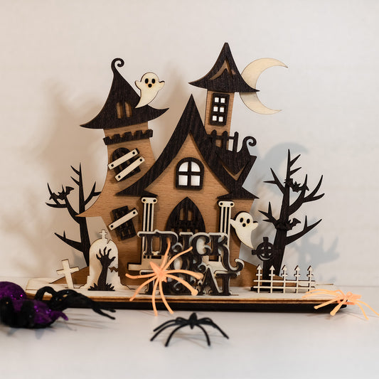 Decoratiune Halloween Din Lemn Joystos, Casuta Bantuita Cu Fantome Si Mesaj Trick Or Treat, Decor Tematic De Toamna Pentru Casa, Birou Sau Vitrina, Ornamente Sezoniere Pentru Petreceri Si Sarbatori De Halloween