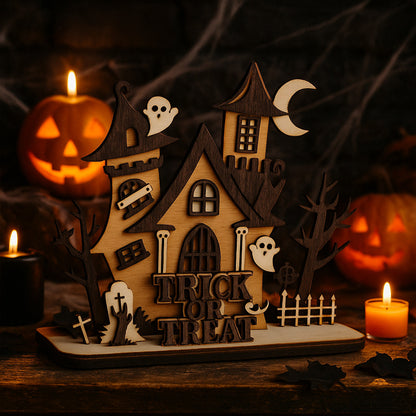 Decoratiune Halloween Din Lemn Joystos, Casuta Bantuita Cu Fantome Si Mesaj Trick Or Treat, Decor Tematic De Toamna Pentru Casa, Birou Sau Vitrina, Ornamente Sezoniere Pentru Petreceri Si Sarbatori De Halloween